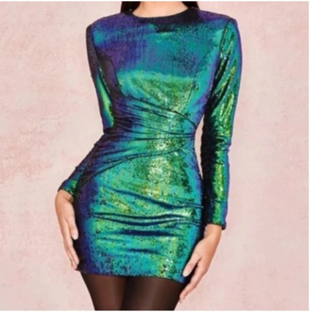 House of CB Cristobal Iridescent Sequin Mini Dress Green Blue Medium